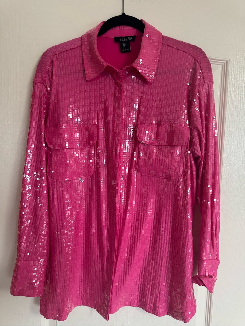 Rachel Zoe Pink Sequin Button-Up Shirt | Size Large
